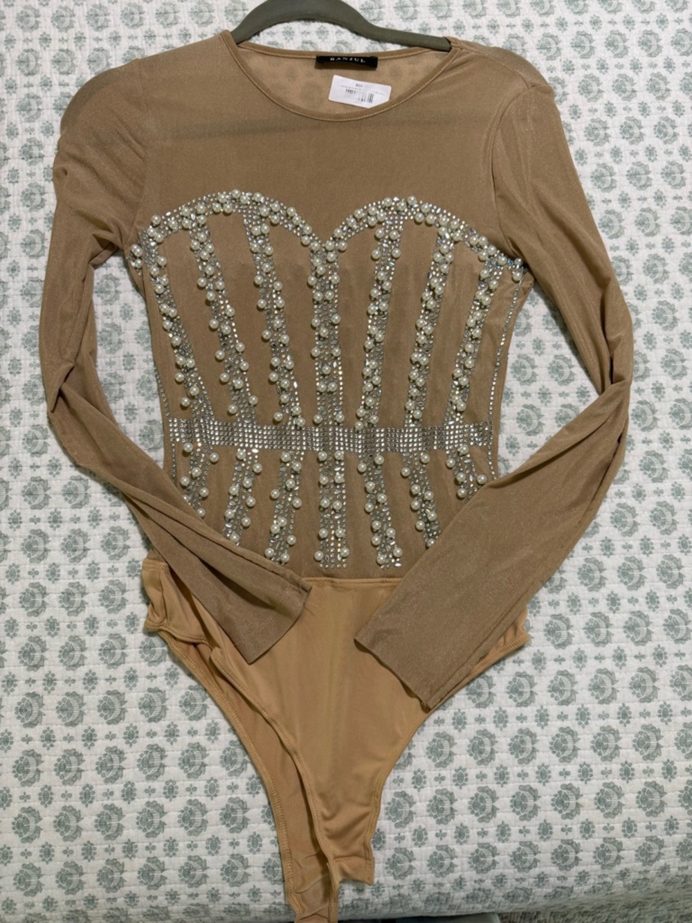 NWT My She Boujee Queen Bedazzled Taupe Embellished Long-Sleeve Bodysuit Corset